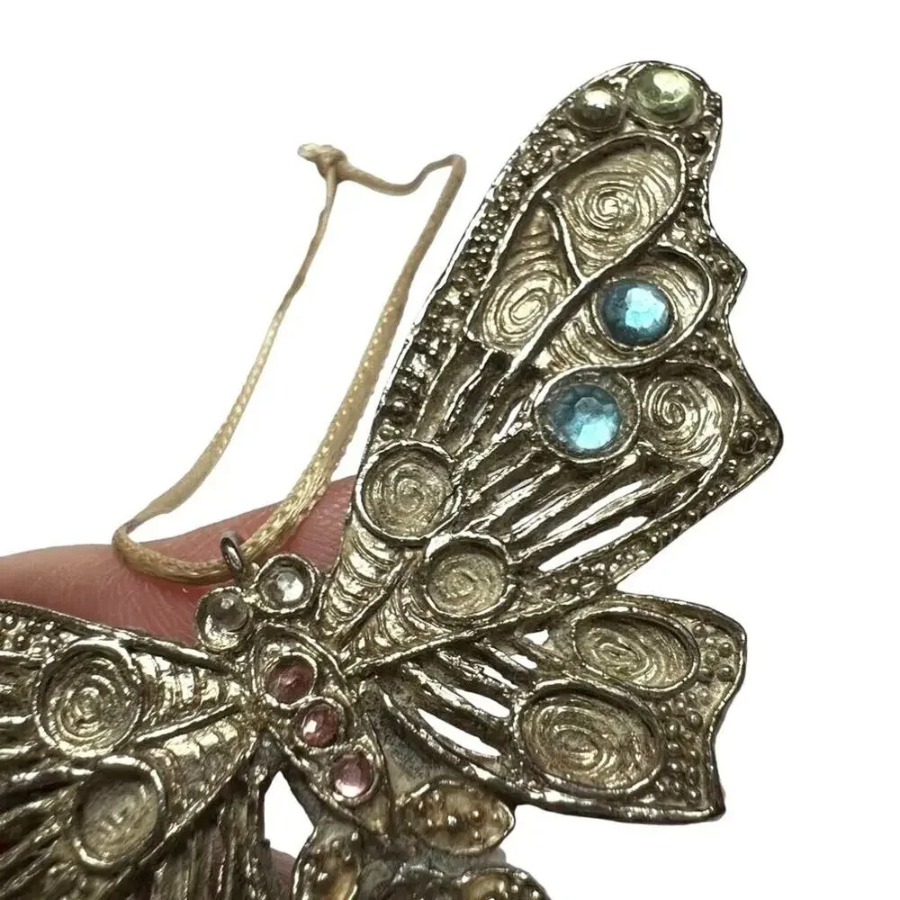 Vintage Silver Dragonfly Ornament with Filigree Work Jeweled Handmade